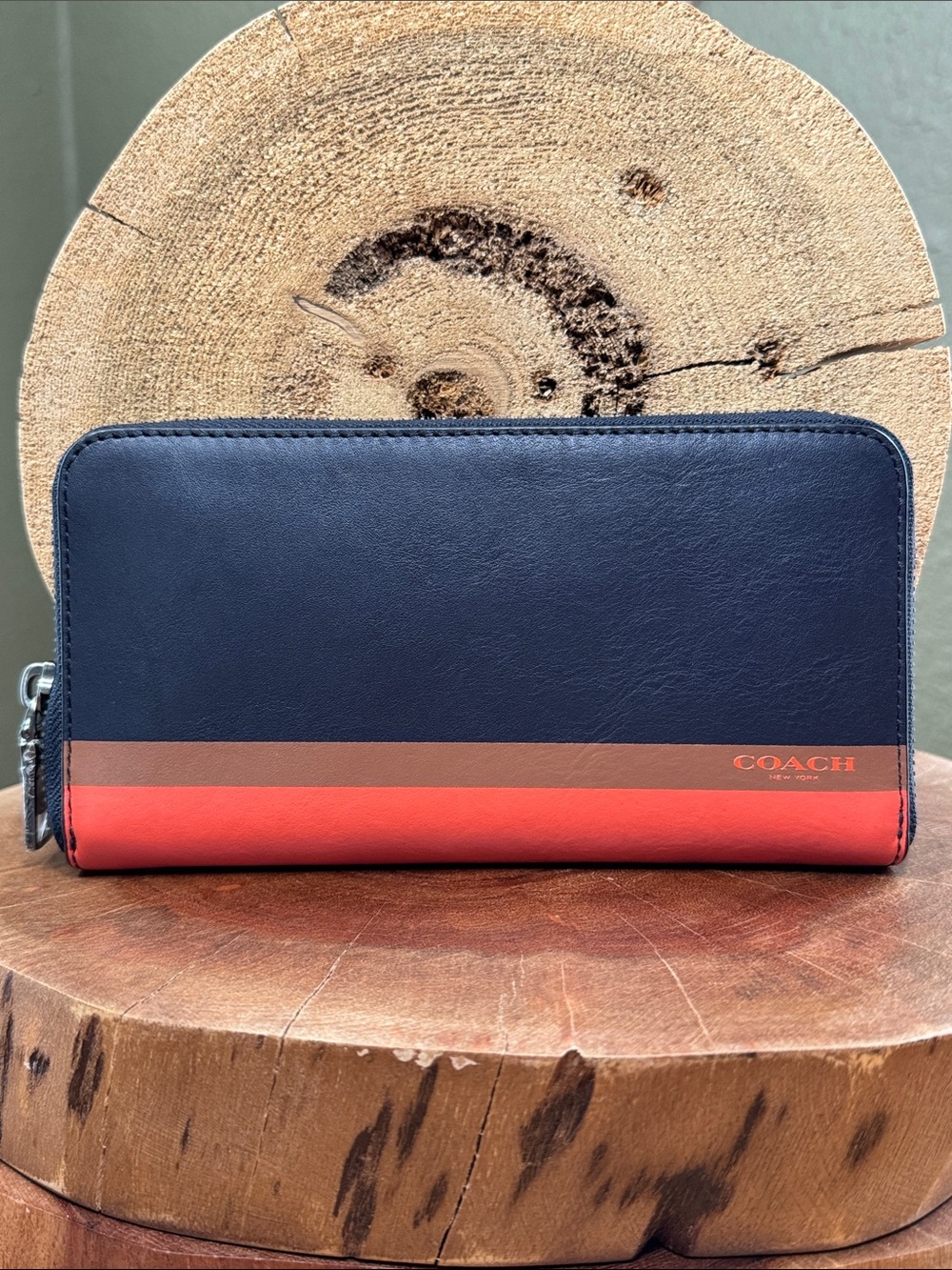 NEW COACH LEATHER ZIP AROUND ACCORDION VARSITY STRIPE WALLET